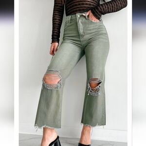 Trendy Distressed Green Flare Jeans